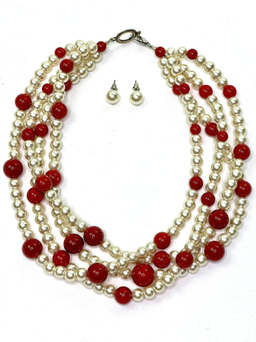 Red & White Pearl Handmade Multi-Strand Necklace Set