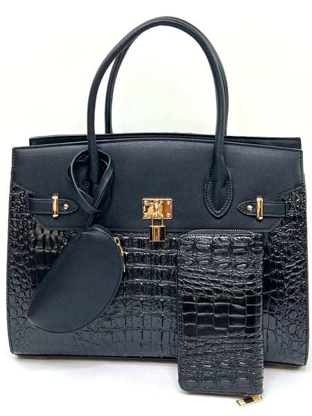 Black Large 3-in-1 Embossed Handbag