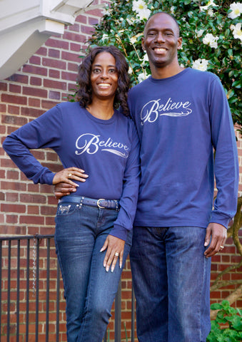 Believe Long Sleeve T-Shirt Blue and Silver