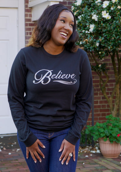 Believe Long Sleeve T-Shirt Black and White - Jewellery Unique Gifts & Accessories
